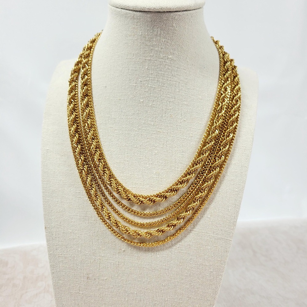Vintage Monet Gold Multi Strand Necklace 6 Strand Chunky Rope Chain Choker